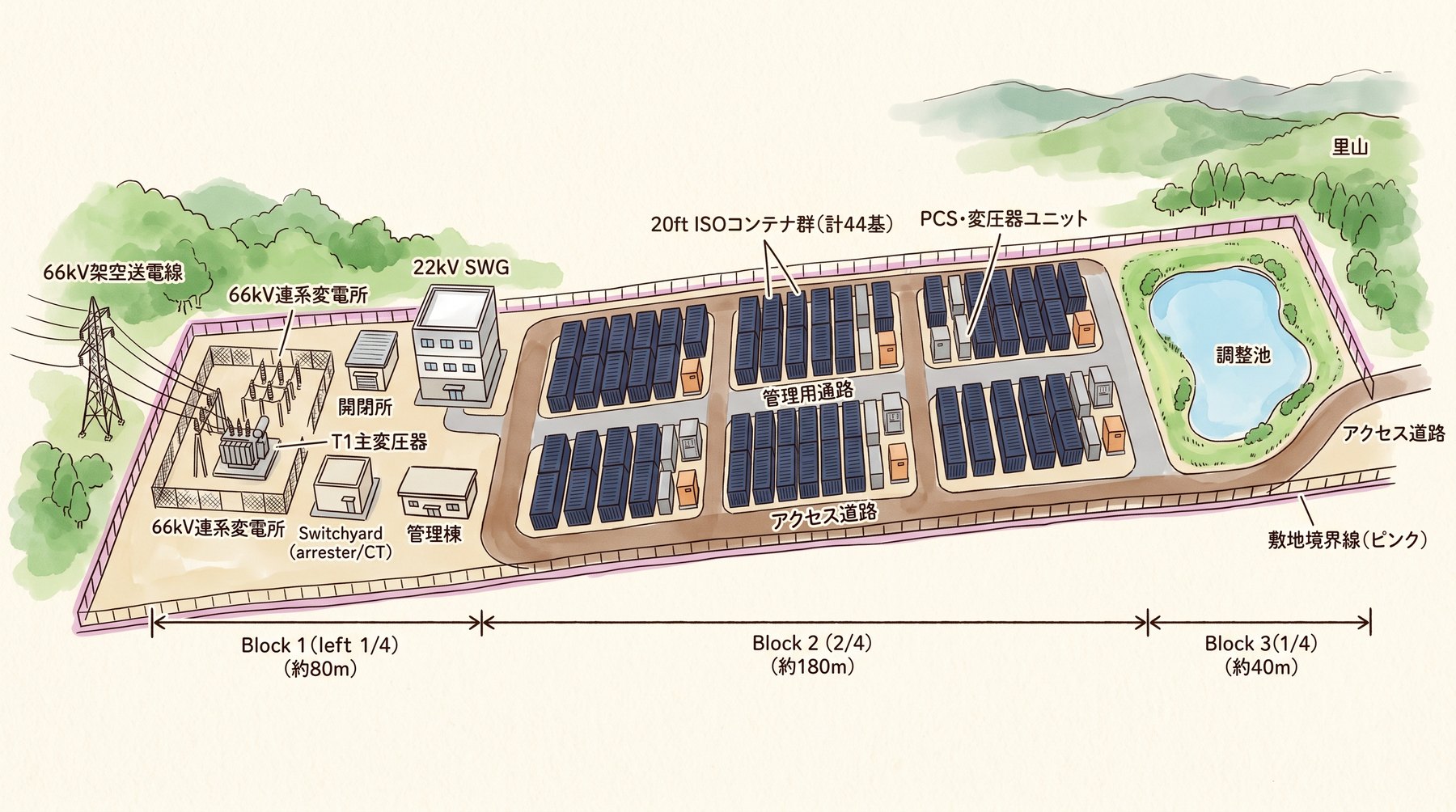 蓄電池コンテナ群・PCS変圧器ユニット・変電所・調整池を含む BESS 設備配置図（水彩イラスト）