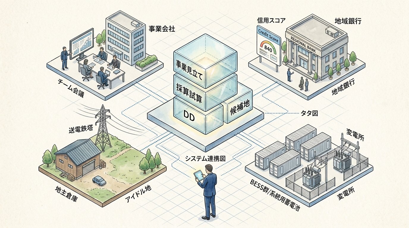 事業見立てエコシステム — 地銀、中堅異業種、土地保有者、蓄電池案件をつなぐ（水彩アイソメトリック）